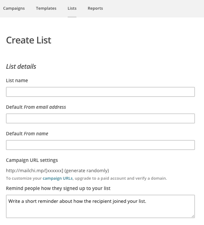 criar uma lista no mailchimp